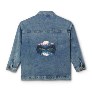 Women's denim jacket with mountain lake design on the back