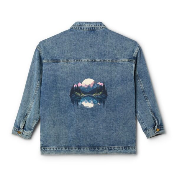 Women's denim jacket with mountain lake design on the back