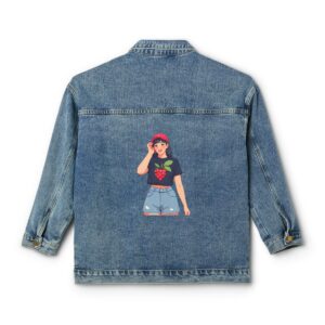 Women's denim jacket with girl holding berries design on the back