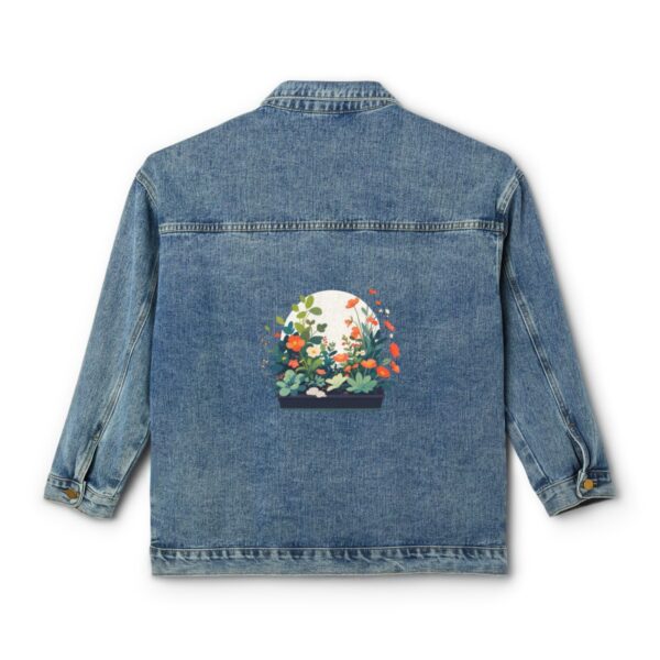 Women's denim jacket with floral garden design on the back