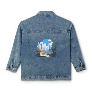 Women's denim jacket with cityscape design on the back