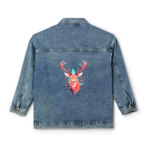 Women's denim jacket with artistic deer design on the back