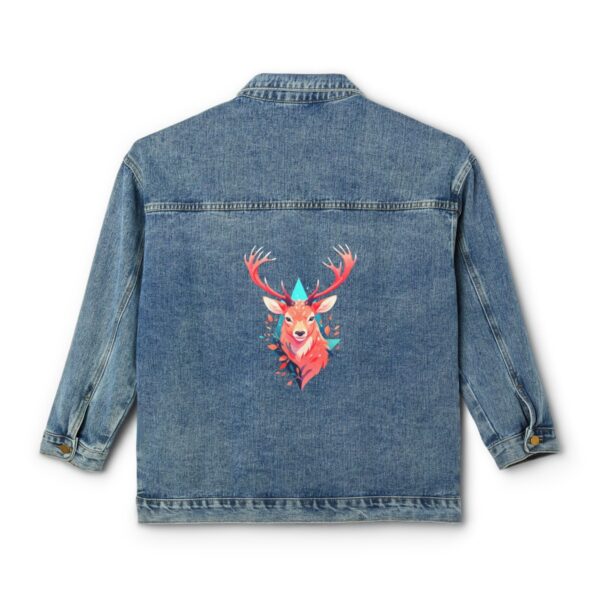 Women's denim jacket with artistic deer design on the back