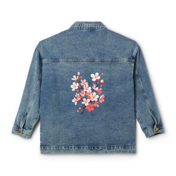 Women's denim jacket with cherry blossom design on the back