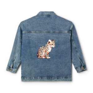 Women's denim jacket with cheetah design on the back