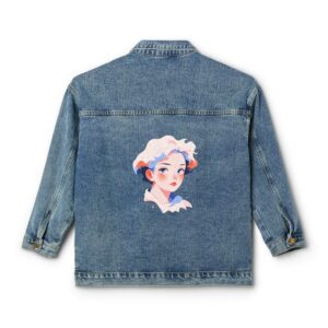 Women's denim jacket with brushstroke face design on the back