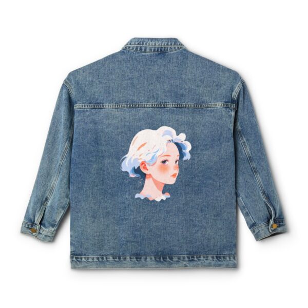 Women's denim jacket with artistic face design on the back