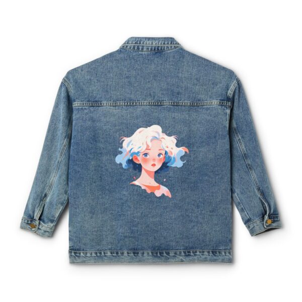 Women's denim jacket with artistic face design on the back