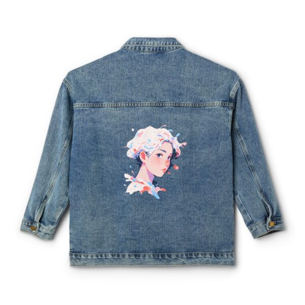 Women's denim jacket with artistic face design on the back