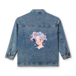 Women's denim jacket with artistic face design on the back