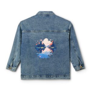 Women's denim jacket with lake reflections design on the back