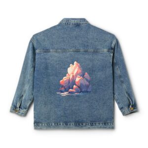 Women's denim jacket with rocky cliffs design on the back