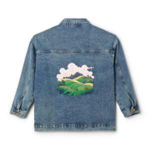 Women's denim jacket with rolling hills design on the back