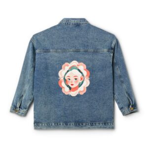 Women's denim jacket with artistic face and floral design on the back