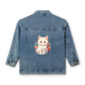 Women's denim jacket with cat design on the back