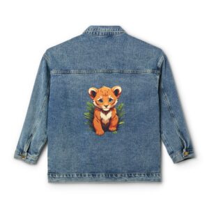 Women's denim jacket with safari design featuring a baby lion on the back