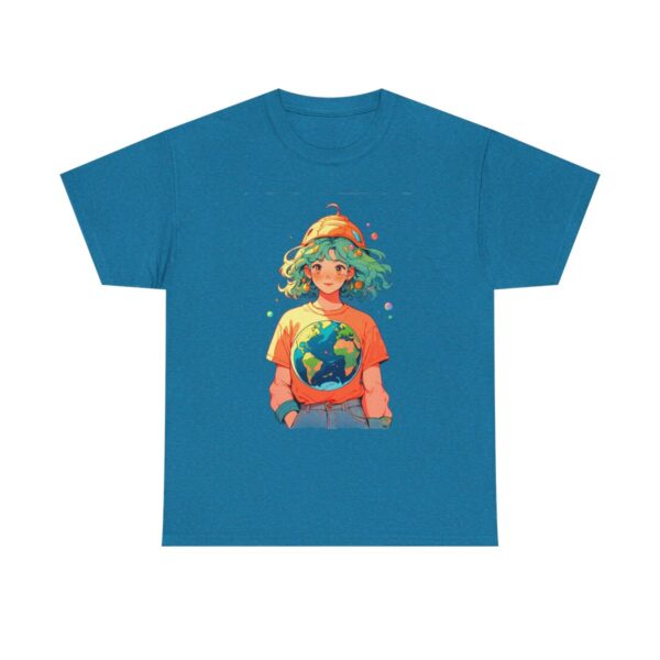 Unisex heavy cotton tee featuring a young person with green hair wearing an earth-themed shirt and hat