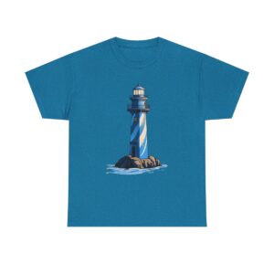 Unisex Tee with a lighthouse design standing on rocks surrounded by waves