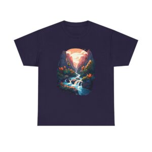 Unisex Tee with a flowing river sunset design