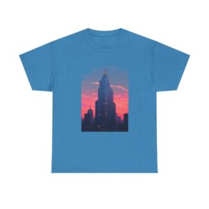 Unisex tee with a skyscraper cityscape design at sunset