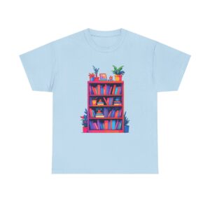 Colorful bookshelf with books and plants design on a T-shirt