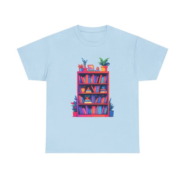 Colorful bookshelf with books and plants design on a T-shirt