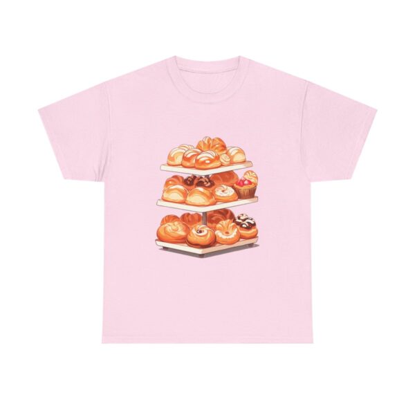 Unisex heavy cotton tee with a bakery display of assorted pastries design