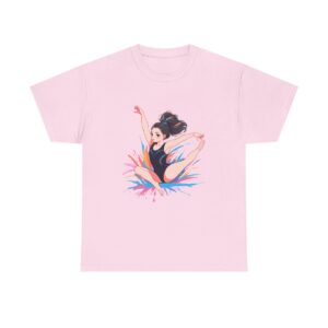 Unisex heavy cotton tee featuring a gymnast performing a split leap with colorful splash background