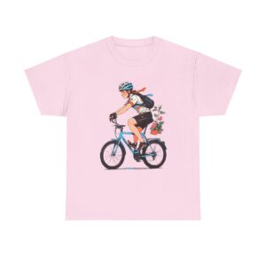 Unisex heavy cotton tee featuring a cyclist with a backpack and flowers in the basket