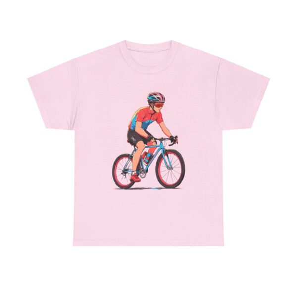 Unisex heavy cotton tee featuring a cyclist in racing gear riding a bicycle