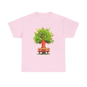 Vibrant tree with a bench illustration on unisex heavy cotton tee