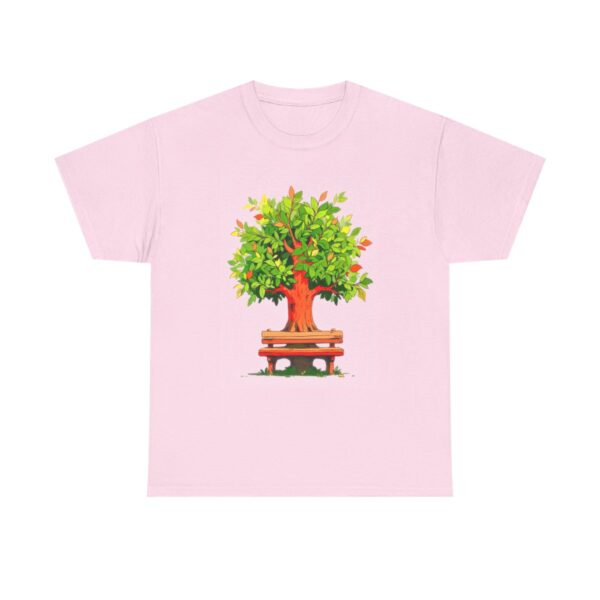 Vibrant tree with a bench illustration on unisex heavy cotton tee