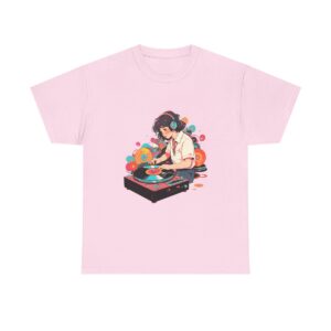 Unisex Tee with retro DJ design featuring a person with headphones mixing records on a turntable