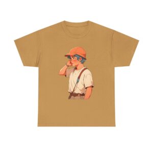 Unisex tee with a vintage illustration of a boy wearing a cap and suspenders