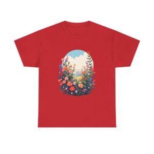 Unisex tee featuring a vibrant meadow of wildflowers under a bright sky