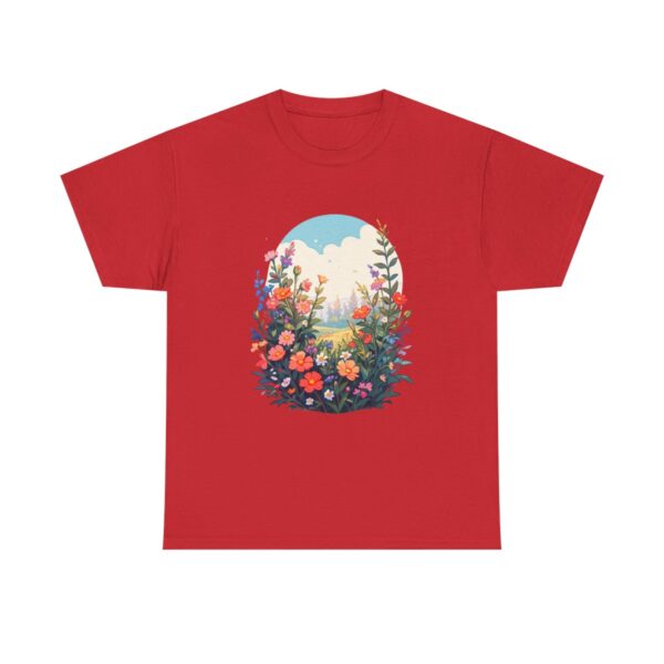 Unisex tee featuring a vibrant meadow of wildflowers under a bright sky