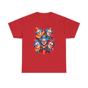 Unisex Tee with a group of colorful funny clowns design