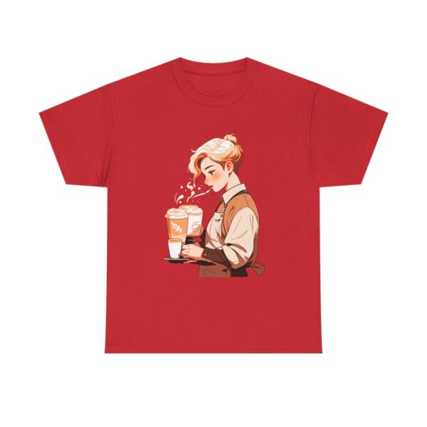 Unisex heavy cotton tee with barista holding a tray with two cups of coffee design