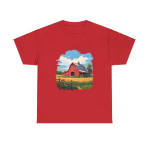 Unisex heavy cotton tee with barn and countryside design