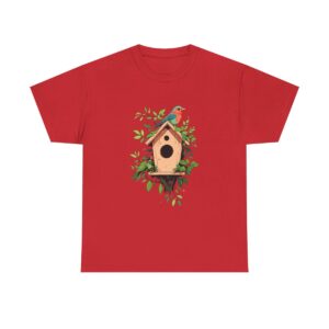 Unisex heavy cotton tee with birdhouse and bird design surrounded by leaves