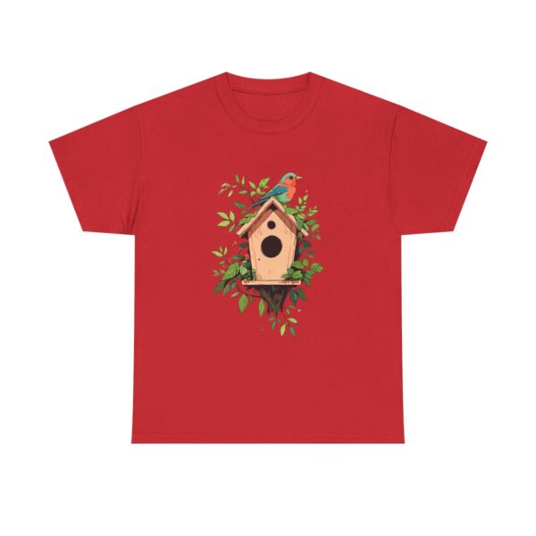 Unisex heavy cotton tee with birdhouse and bird design surrounded by leaves