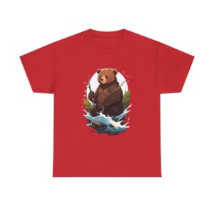 Bear catching fish in a river design on a T-shirt