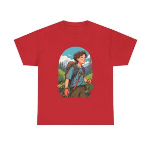 Unisex heavy cotton tee with a young hiker in the mountains design