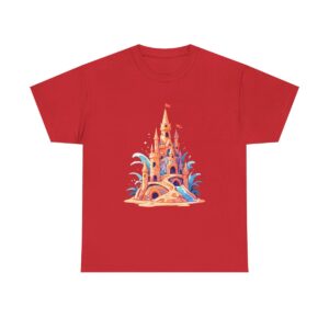 Unisex tee with a sandcastle design featuring a colorful castle with waves