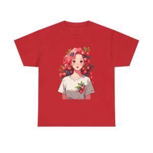 Unisex tee with a berry design featuring a woman with berry-themed hair and clothing