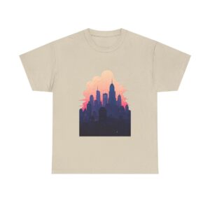 Unisex tee with a cityscape design at sunset