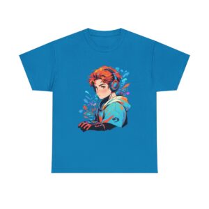 Unisex heavy cotton tee featuring a young gamer with headphones and a focused expression