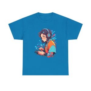 Unisex heavy cotton tee featuring a young gamer wearing headphones and holding a gaming controller