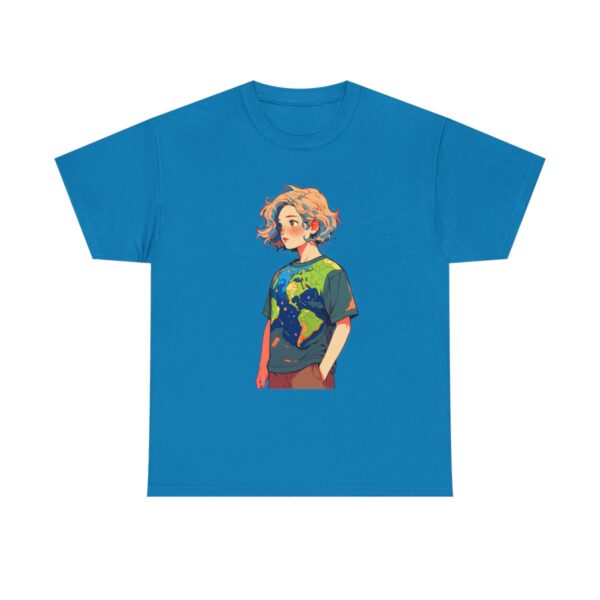 Unisex heavy cotton tee featuring a young person wearing an earth-themed shirt