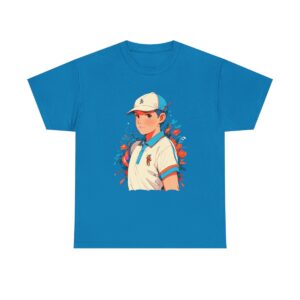 Unisex heavy cotton tee featuring a young person in a polo shirt and cap with a colorful background